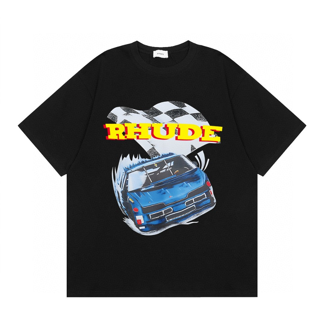 Rhude Racing Car Checkered Flag Graphic Short Sleeve T-Shirt