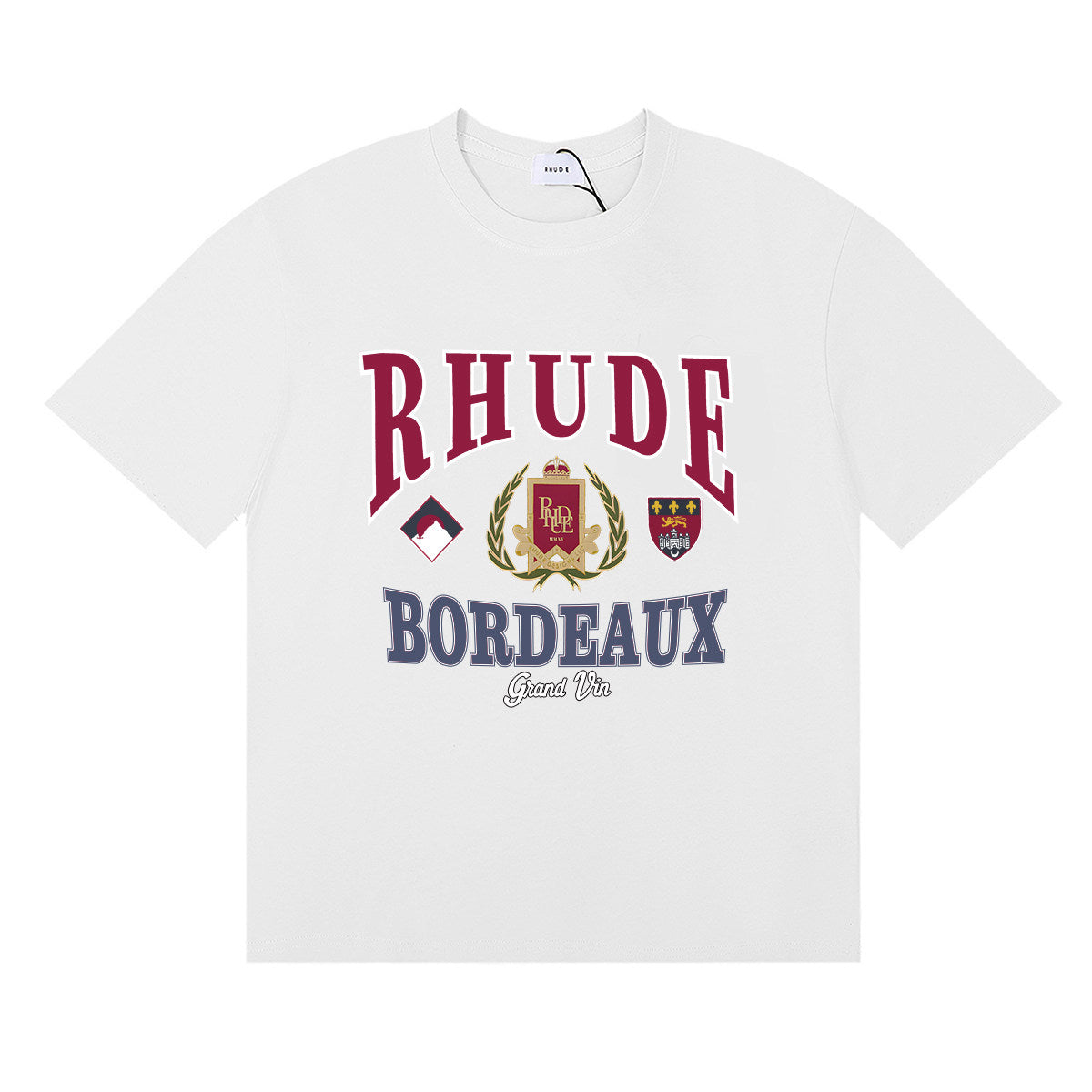 Rhude Bordeaux Grand Vin Crest Emblem Vintage Graphic White Short Sleeve T‑Shirt