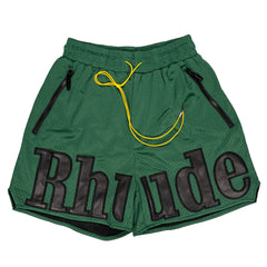 Rhude Large Logo Applique Mesh Streetwear Drawstring Green Shorts