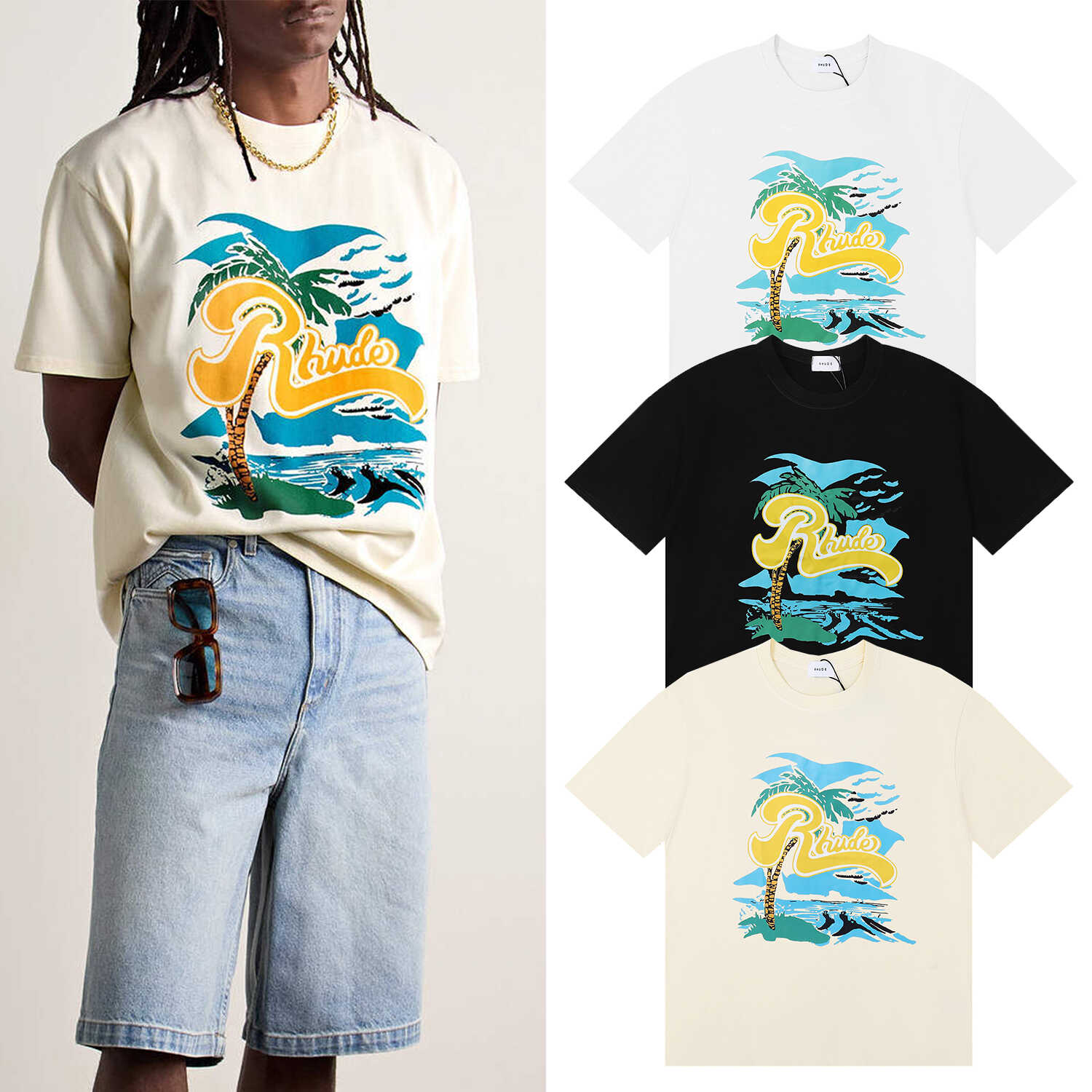 Rhude Tropical Palm Beach Script Logo Graphic Short Sleeve T-Shirt