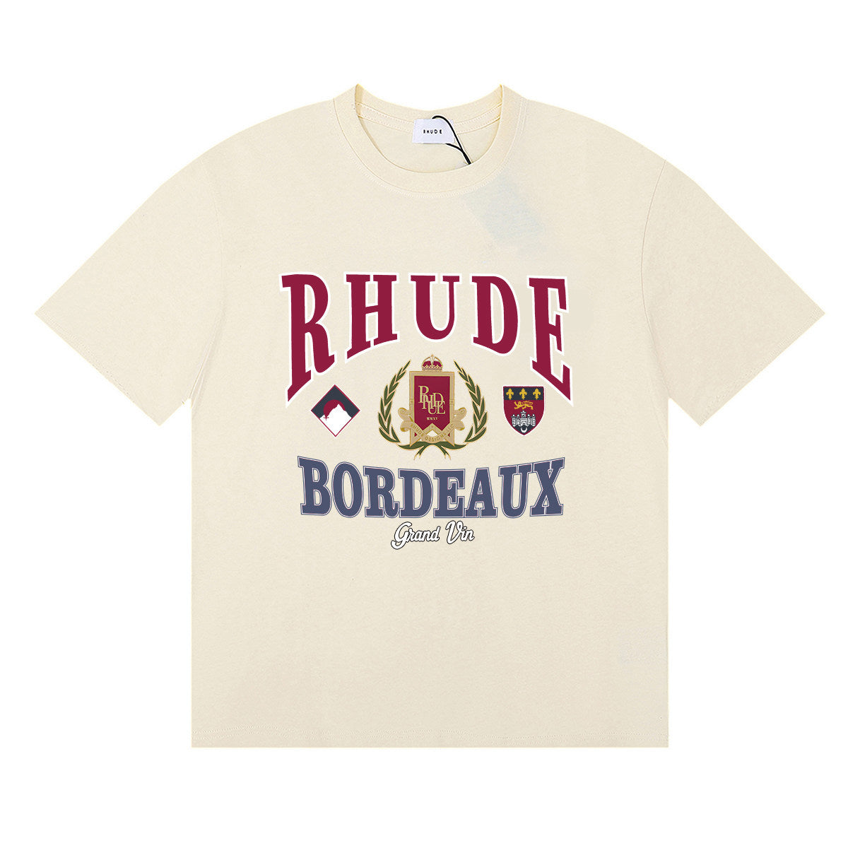 Rhude Bordeaux Grand Vin Crest Emblem Vintage Graphic Cream Short Sleeve T‑Shirt