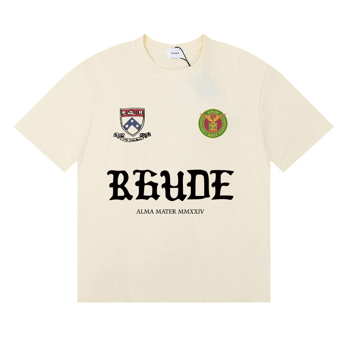 Rhude Alma Mater Crest Badge Graphic Cream Short Sleeve T‑Shirt