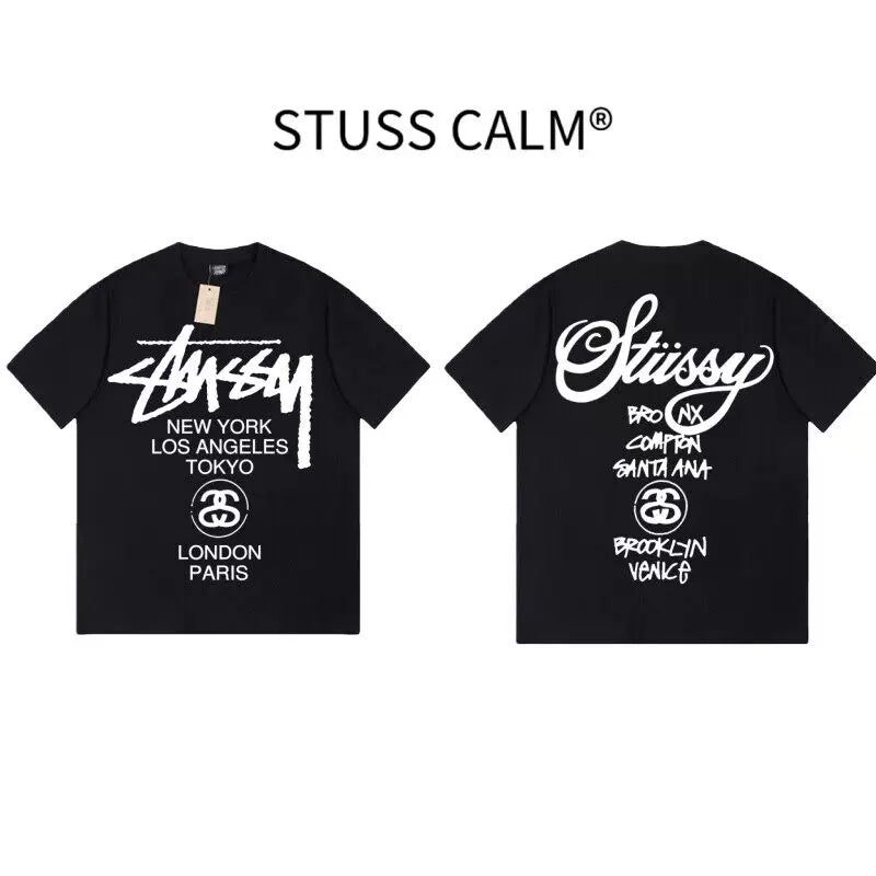 STUSSY Black World Tour City List Front & Back Print Tee