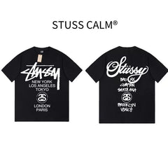 STUSSY Black World Tour City List Front & Back Print Tee