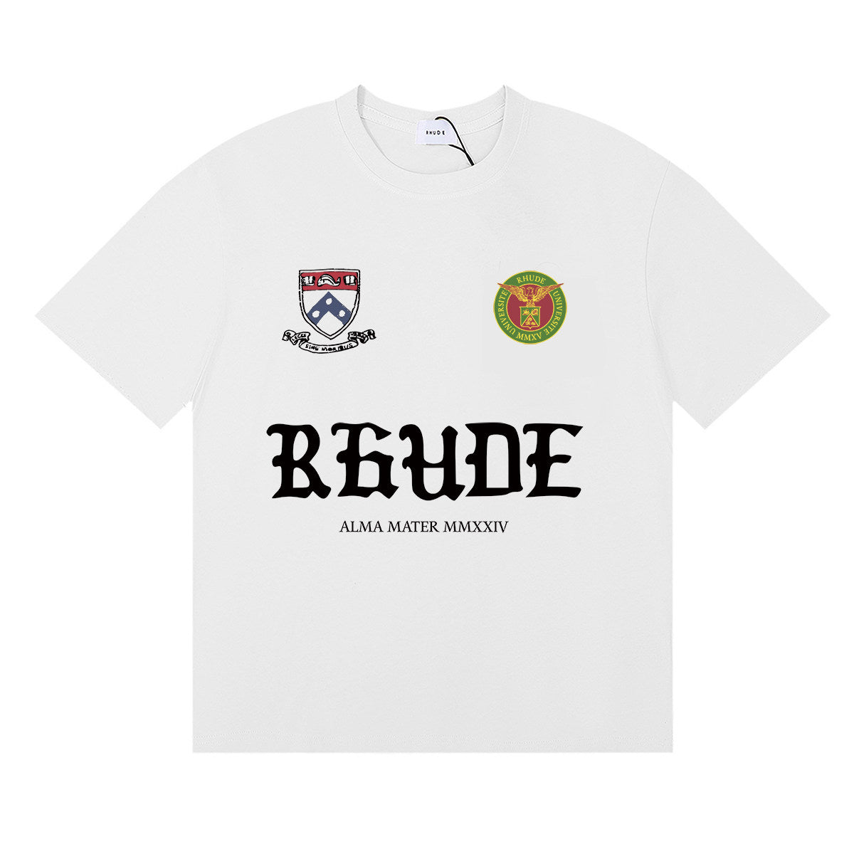 Rhude Alma Mater Crest Badge Graphic White Short Sleeve T‑Shirt