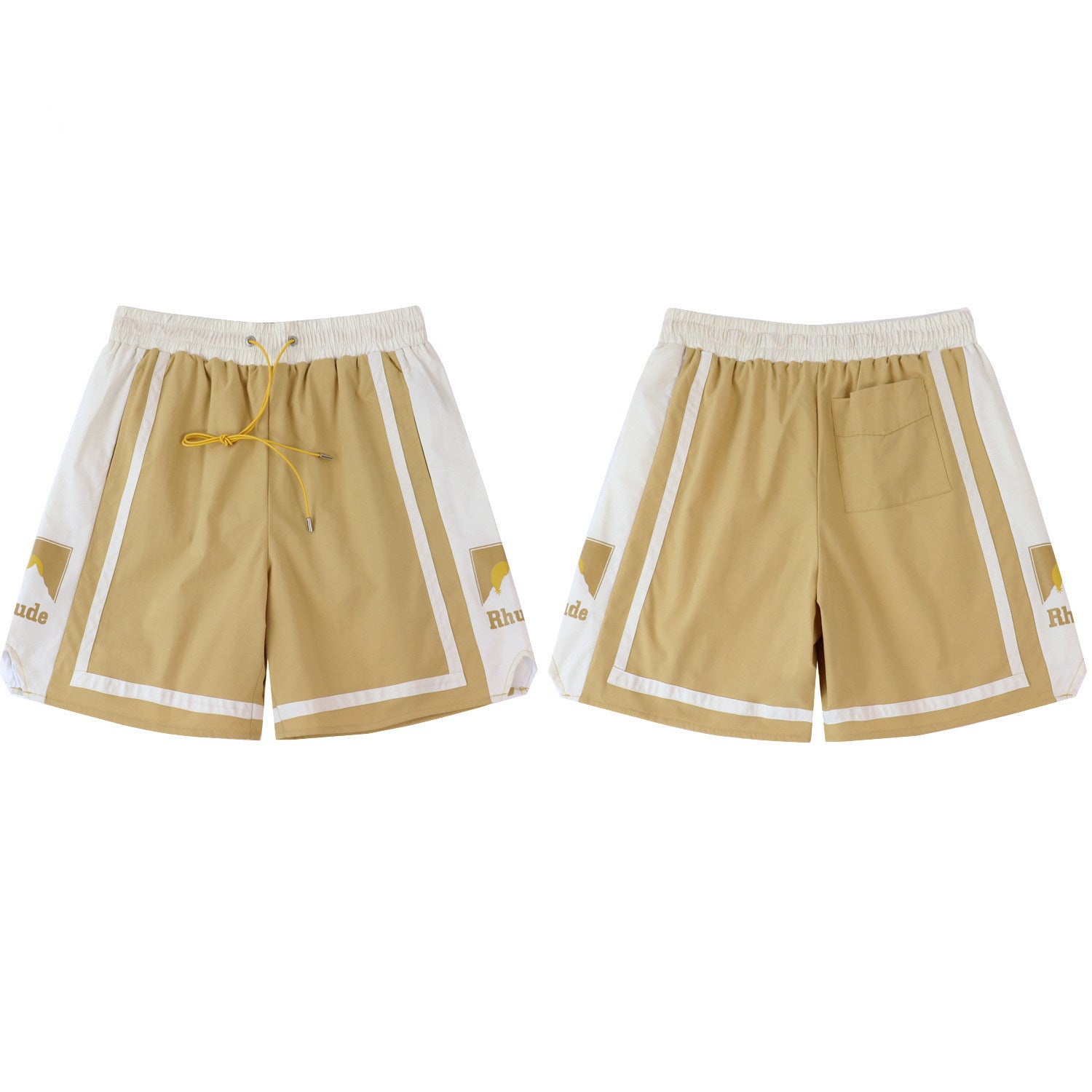 Rhude Khaki‑Off‑White Color‑Block Mountain Logo Drawstring Streetwear Shorts