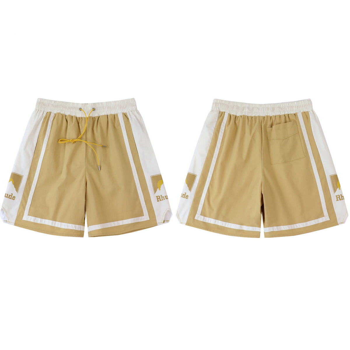 Rhude Khaki‑Off‑White Color‑Block Mountain Logo Drawstring Streetwear Shorts