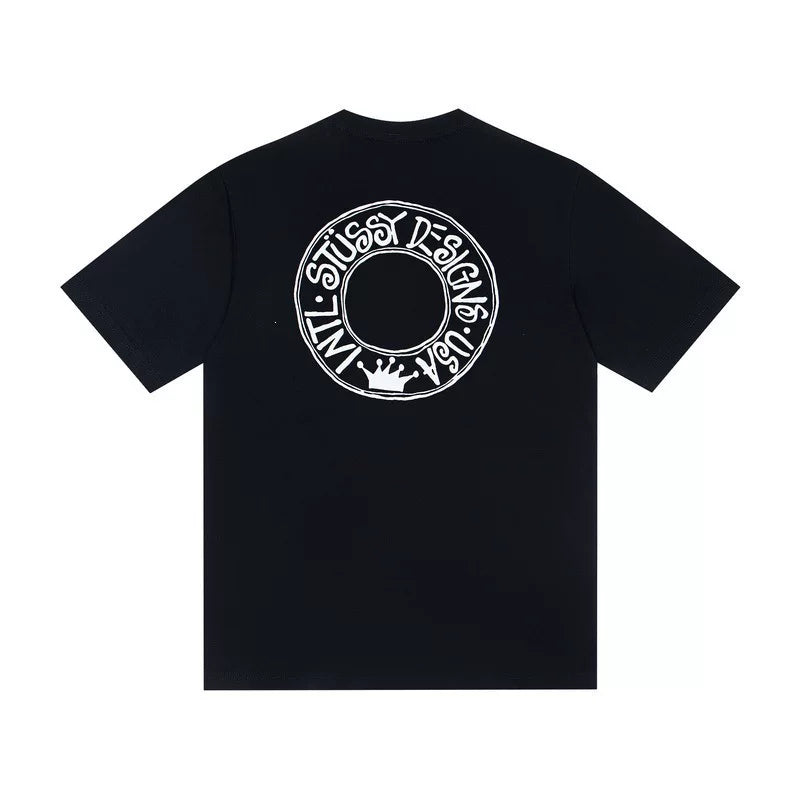 STUSSY Black Circle Logo Back Print Tee
