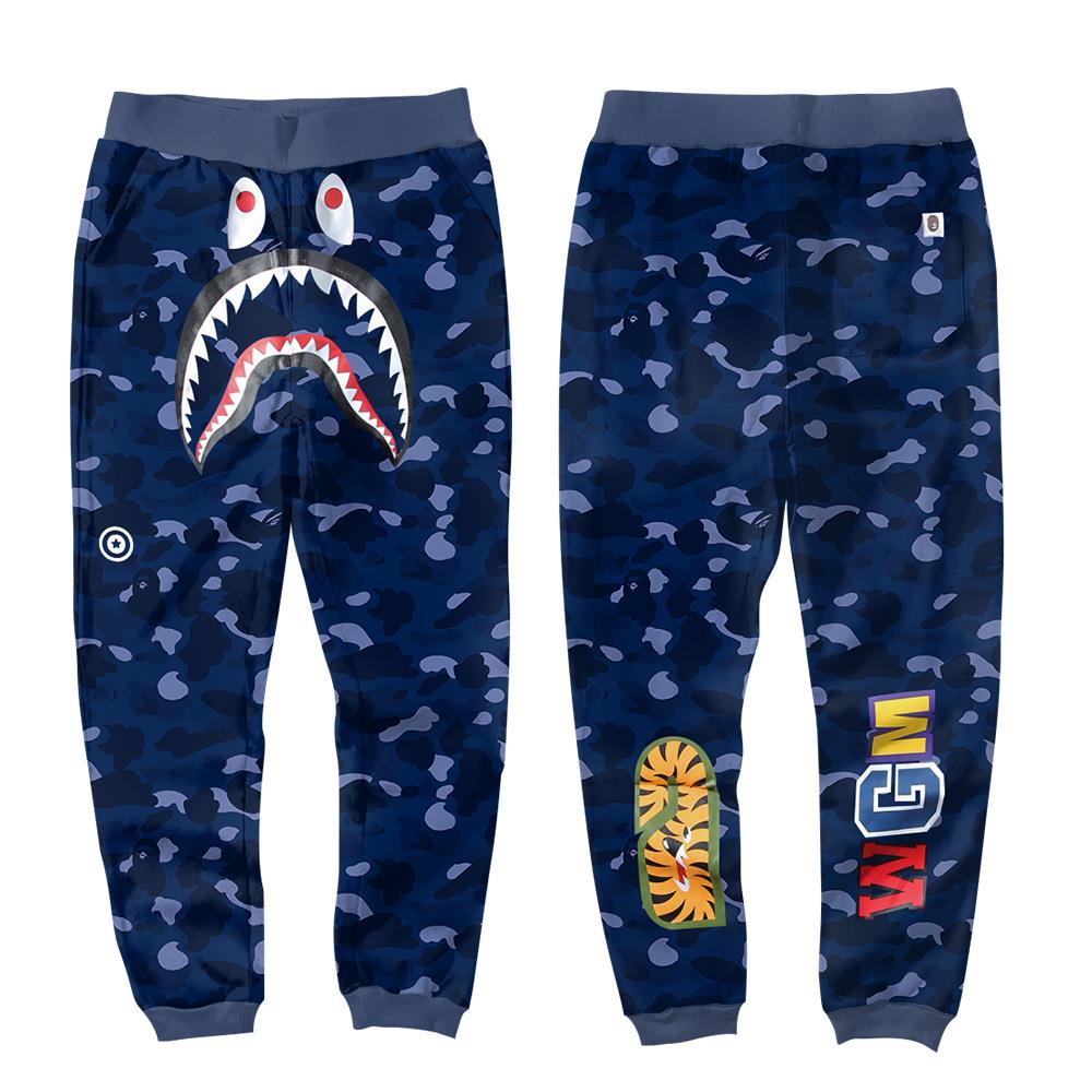 BAPE Navy Blue Camo Shark Face Graphic Jogger Pants Unisex Streetwear Sweatpants